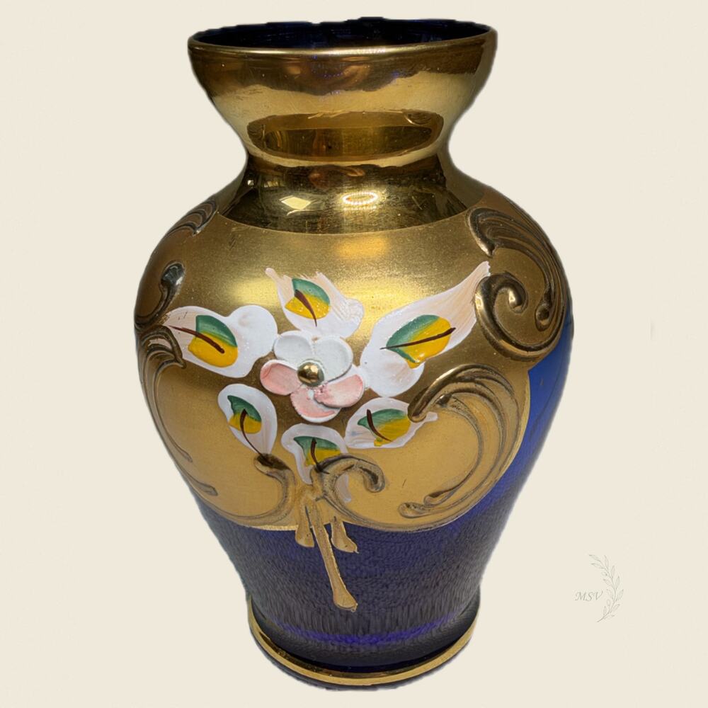 Vintage Bohemian Style Cobalt Blue Glass Vase Gold Gilt Floral